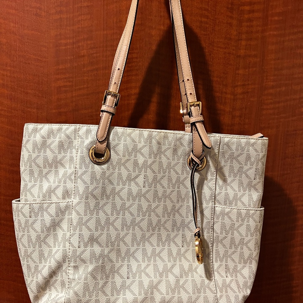 Michael Kors Cream Logo Tote with Tan Leather Straps